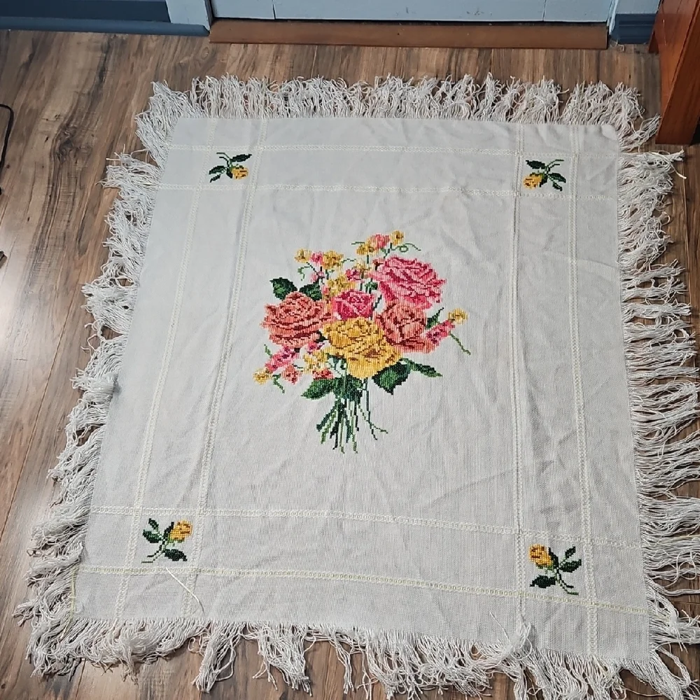 Vintage Handmade Cross-stitched Floral Table Runner Table Topper